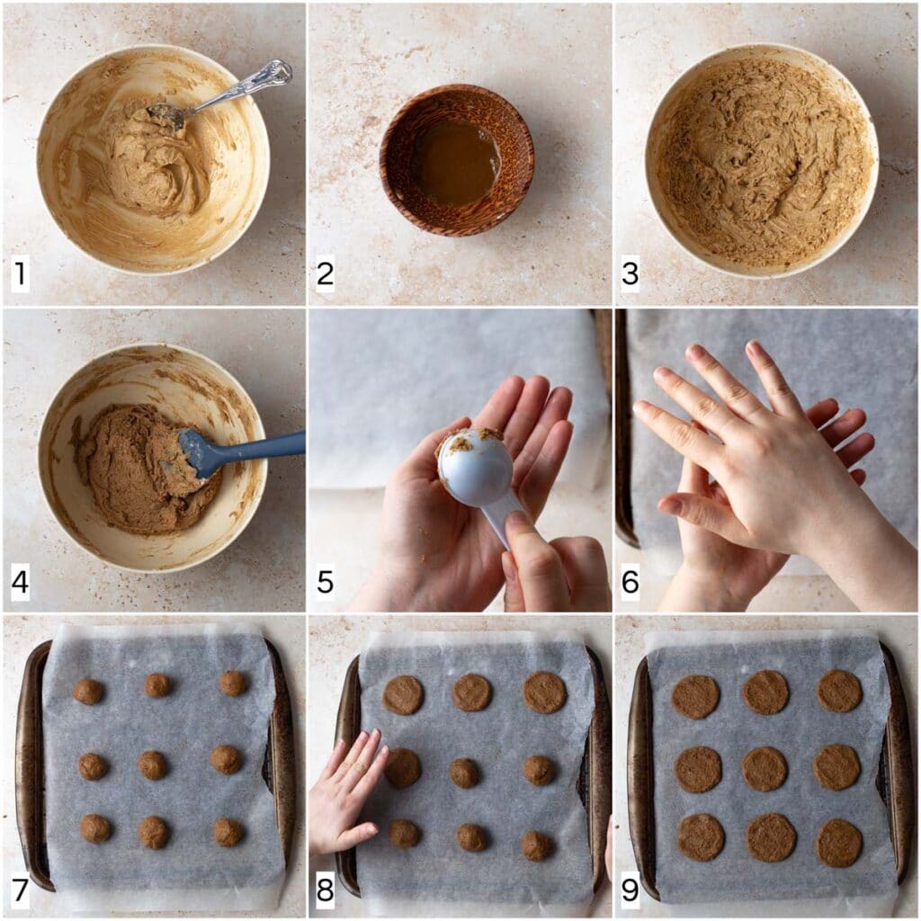 A collage of 9 images showing various steps in making vegan ginger cookies.