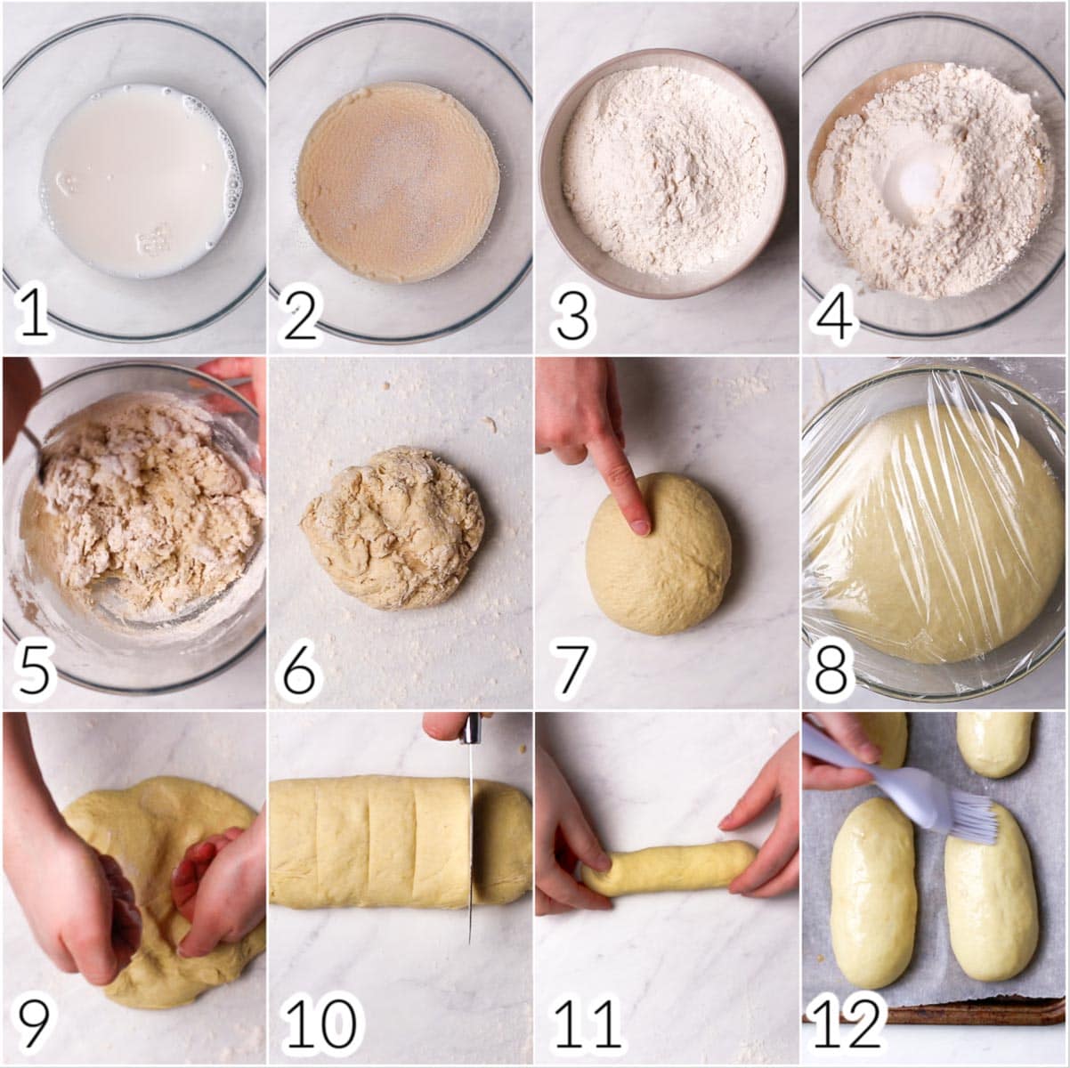 A collage of nine square images showing nine steps in making bread buns.