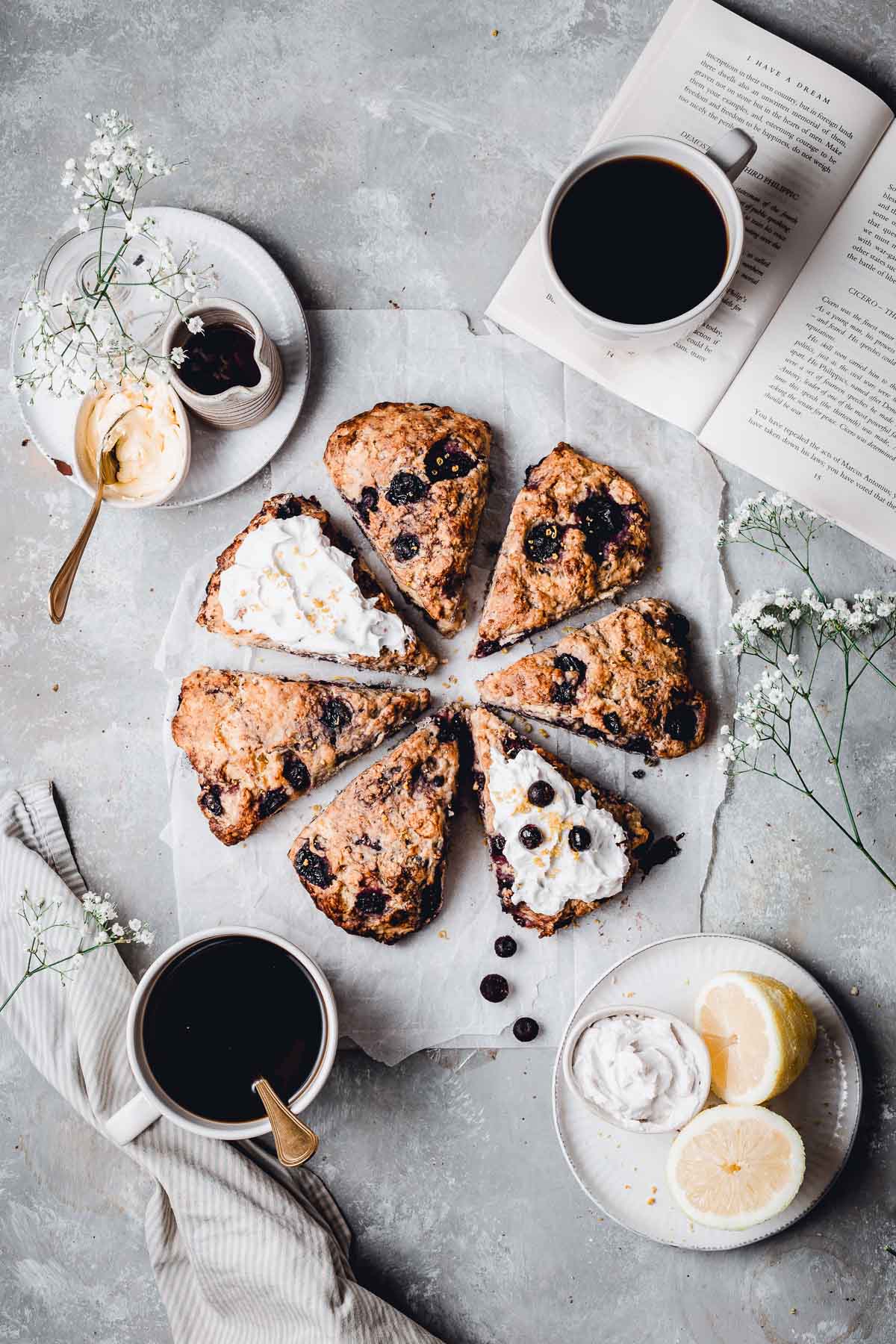 Overhead view of baked goods on a piece of parchment paper.