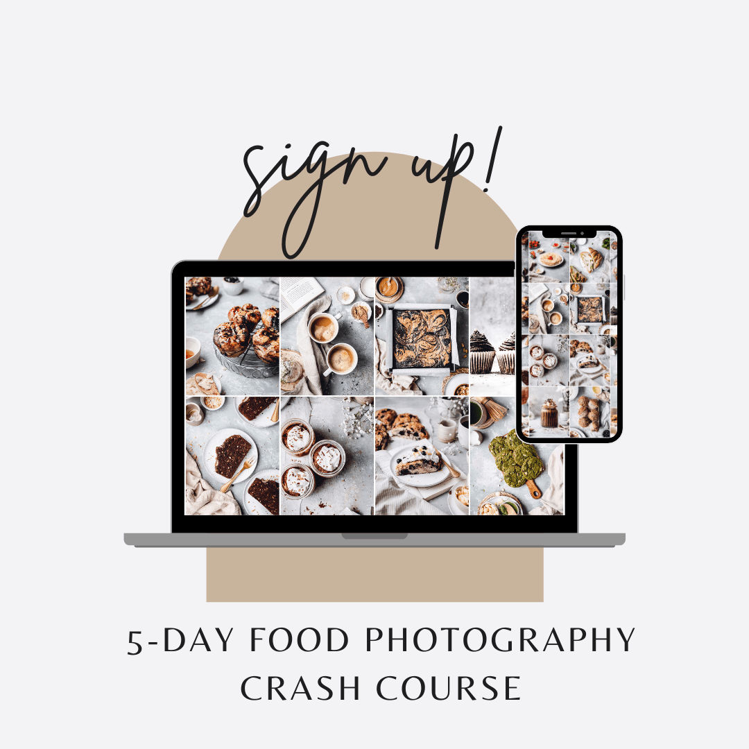 A graphic featuring Macbook and iPhone screens with various food photography images.