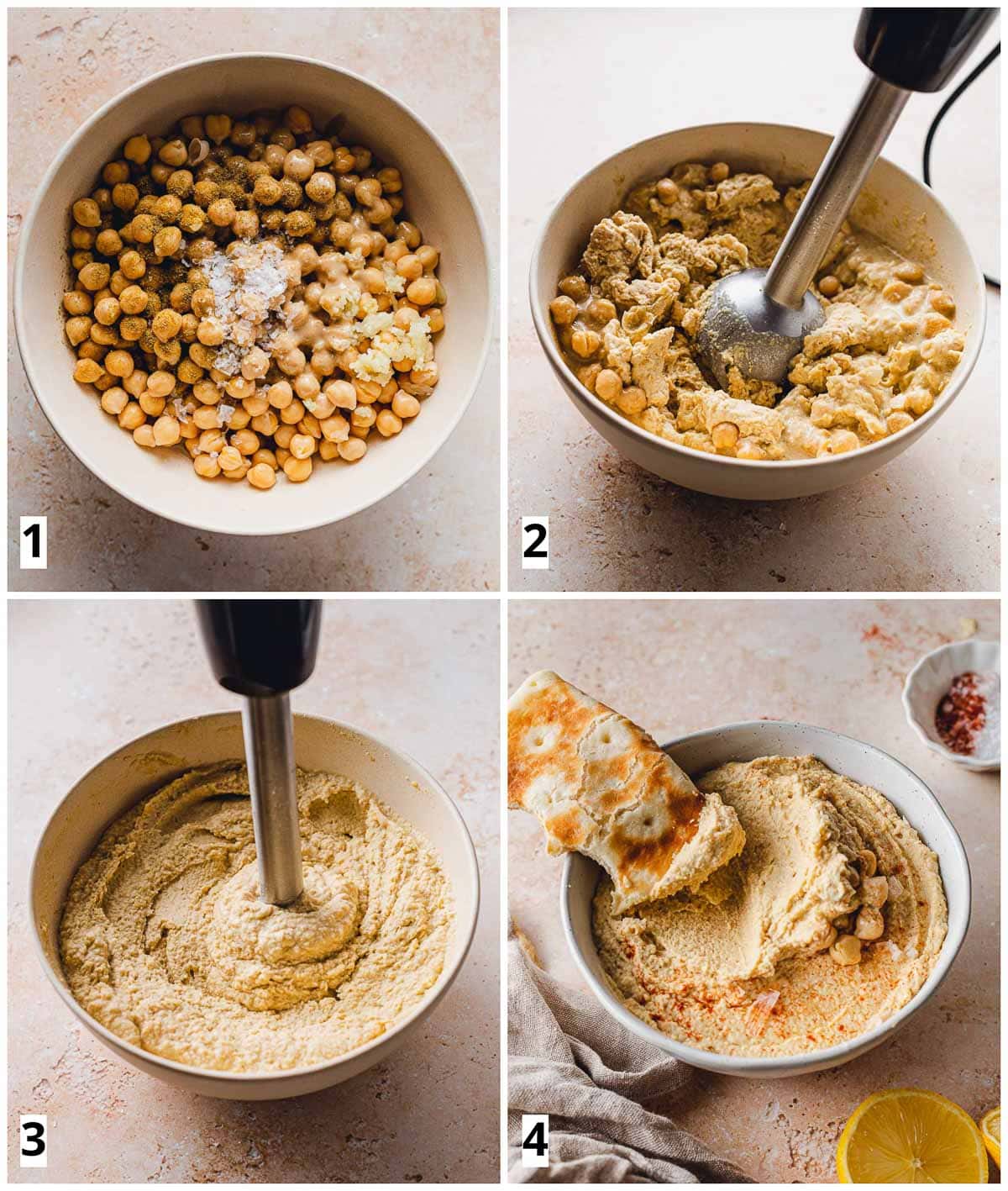 A collage of four images showing steps in making hummus using a stick blender. 