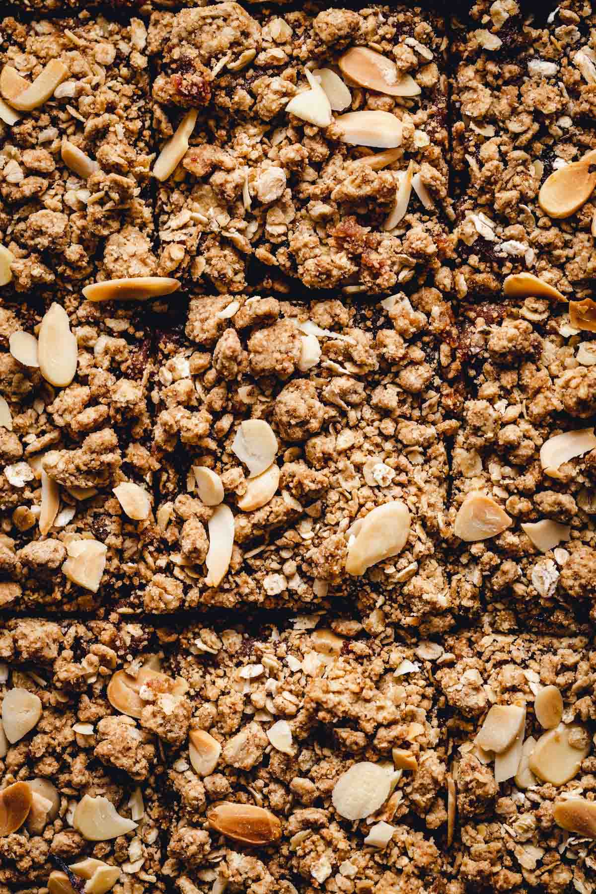 A close-up image of the oat crumble topping slices.