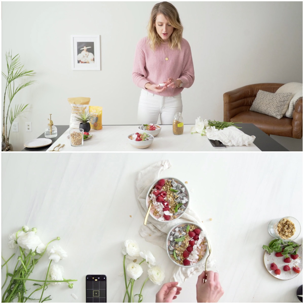 A collage of two images showing food styling of a smoothie bowl.