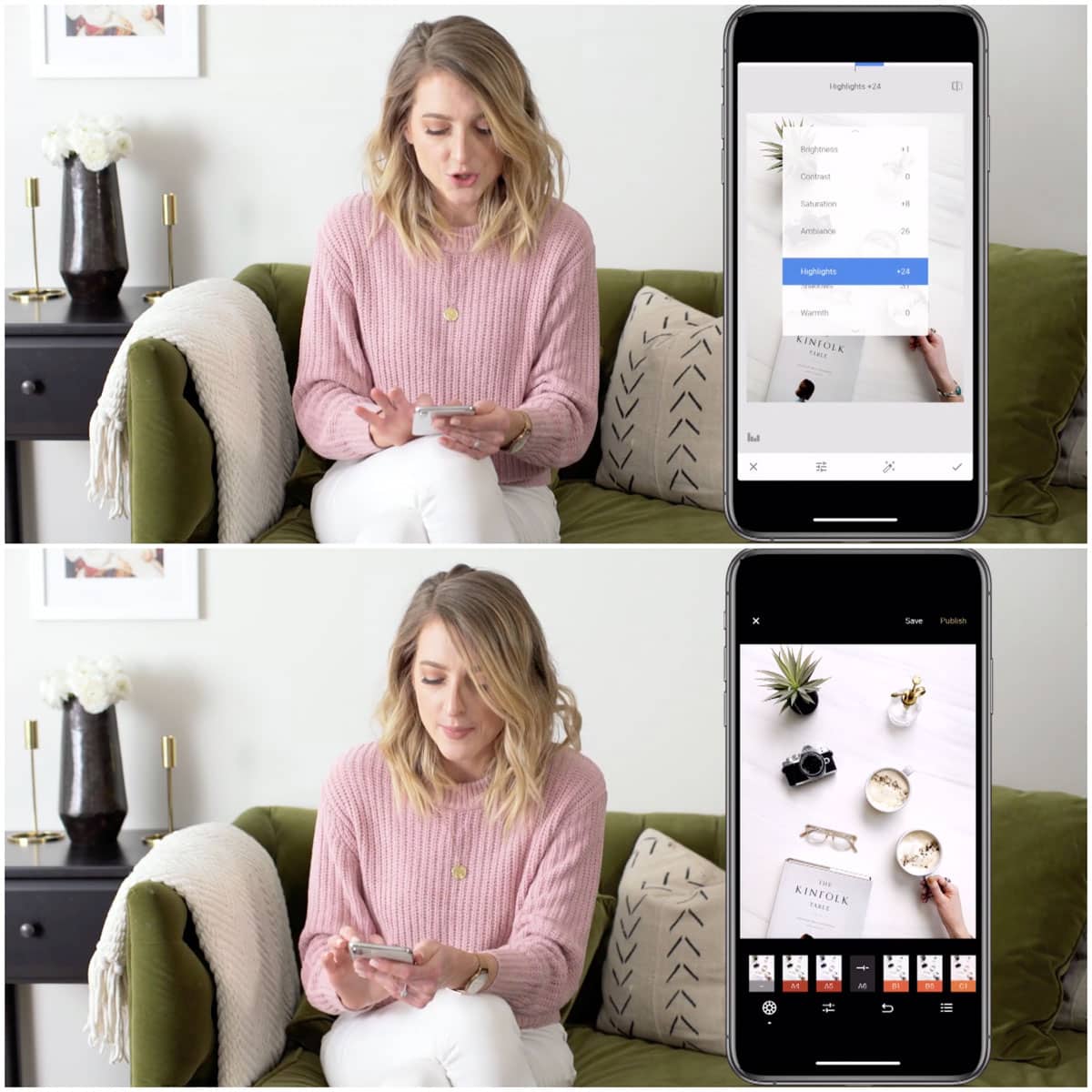 A collage of two images showing a woman using her phone to edit images.