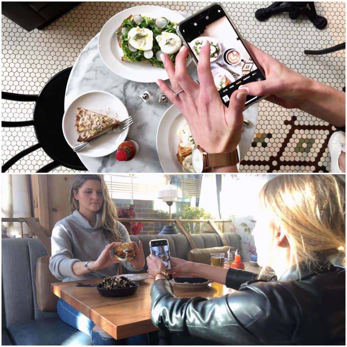 A collage of two images showing shooting food photography in restaurants.