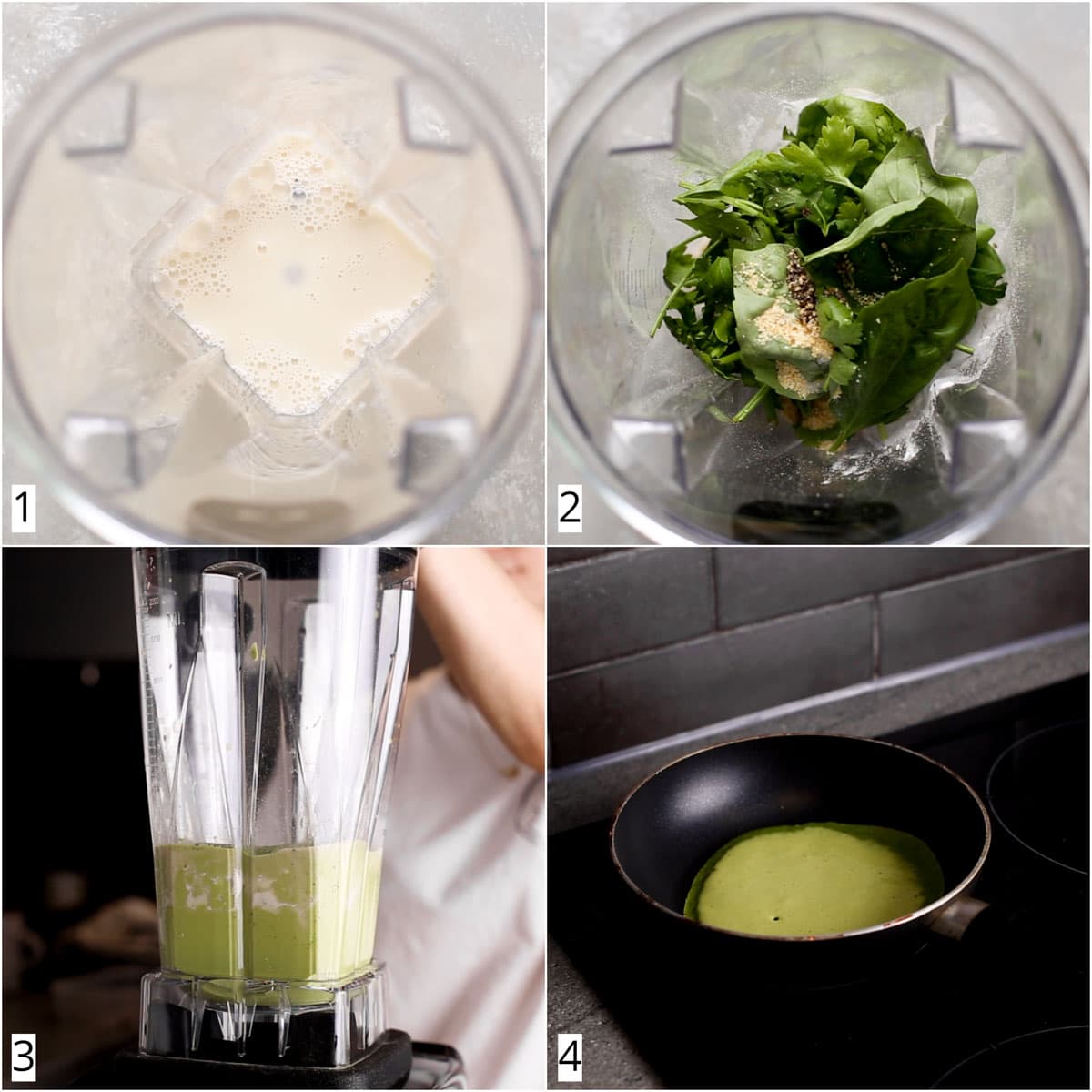 A collage of four images showing the four steps in making green crepes.