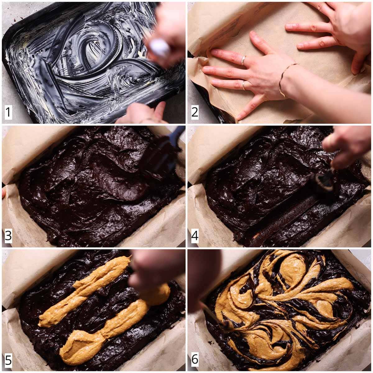 A collage of six images showing how to assemble a brownie.
