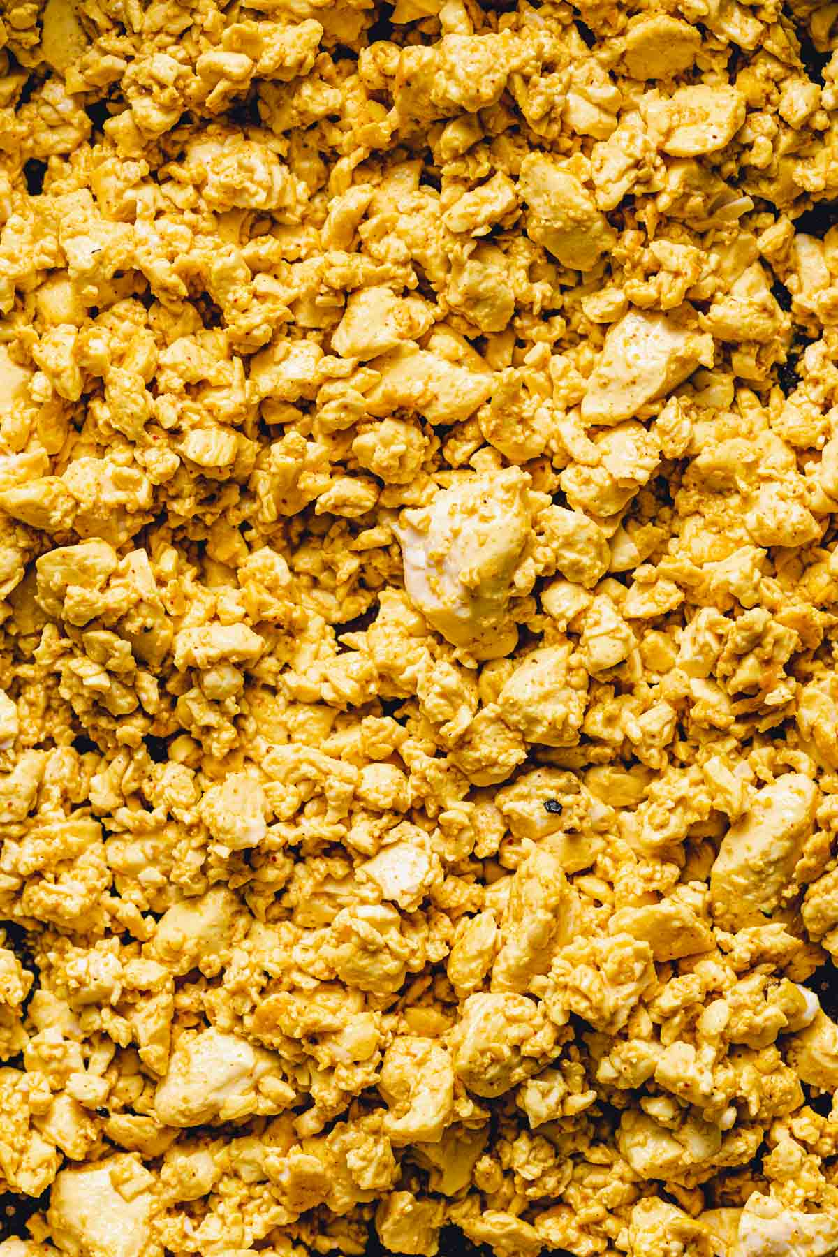 A close-up image of silken scrambled tofu. 