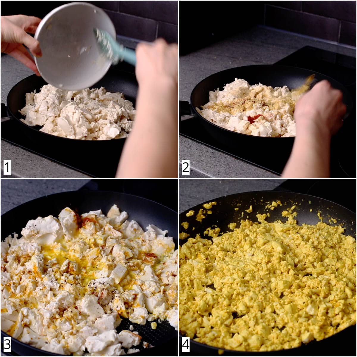 A collage of four images showing how to make scrambled tofu.