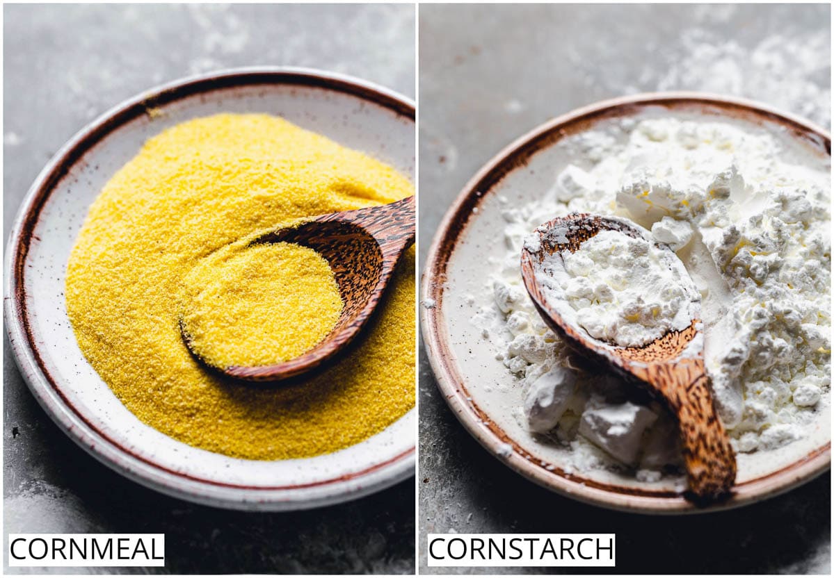 A collage of two images showing plates filled with cornmeal and cornstarch.