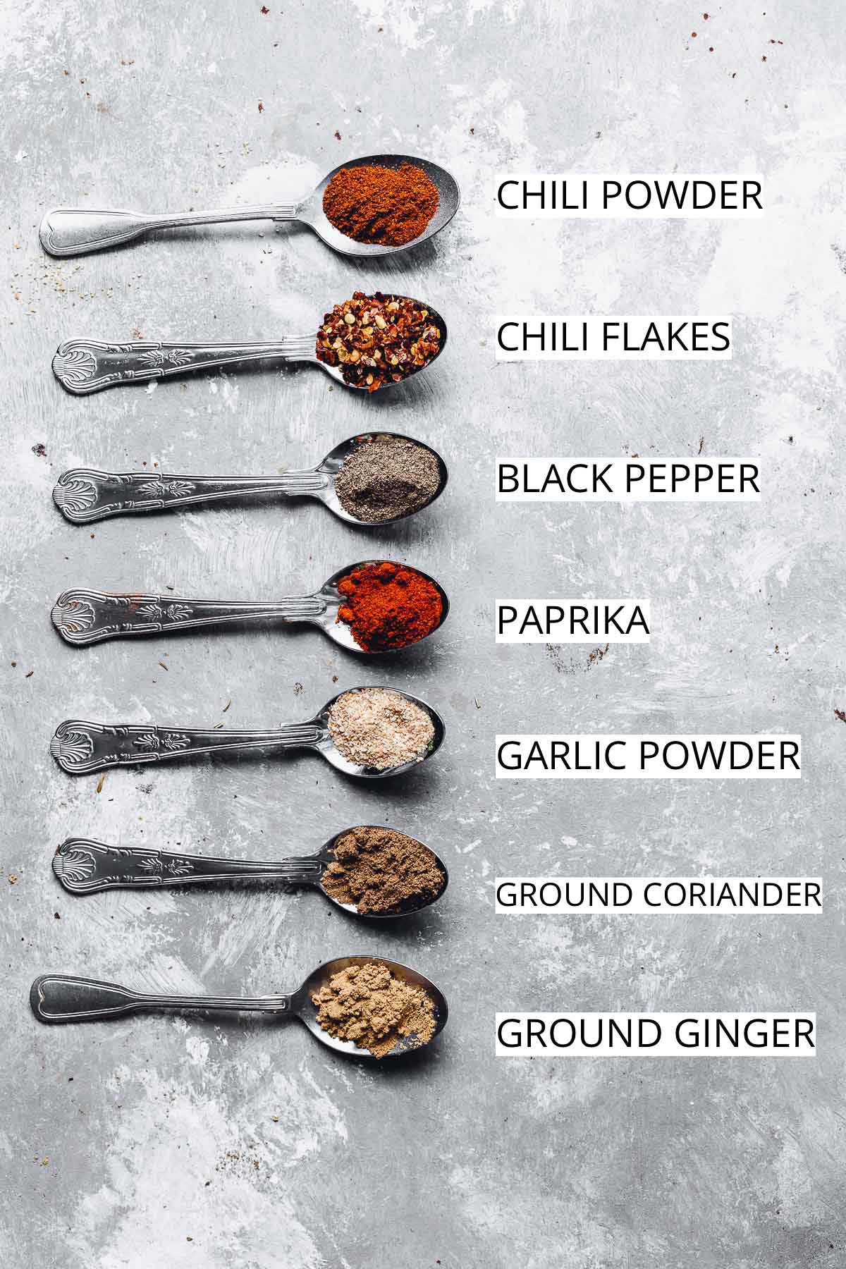 An overhead view of seven spoons containing various spices placed on a flat background.