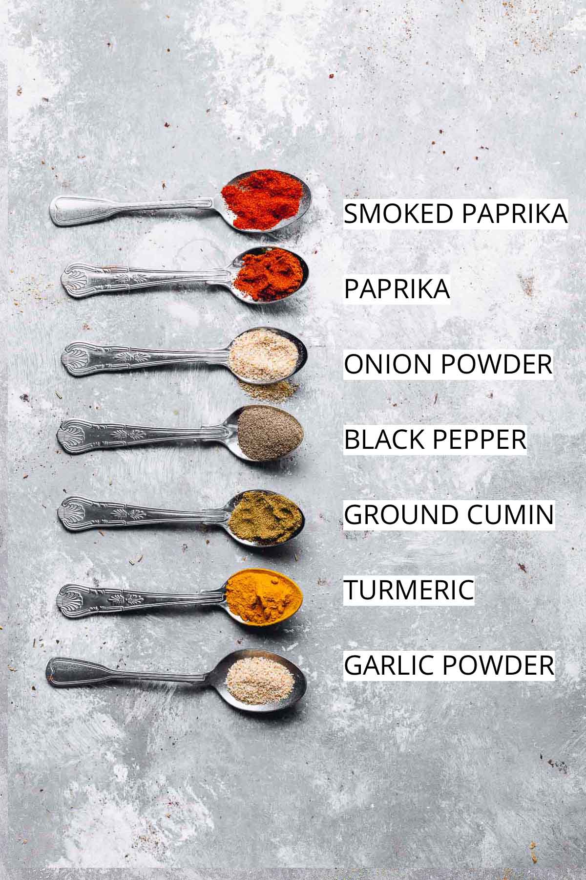 An overhead view of seven spoons containing various spices placed on a flat background.