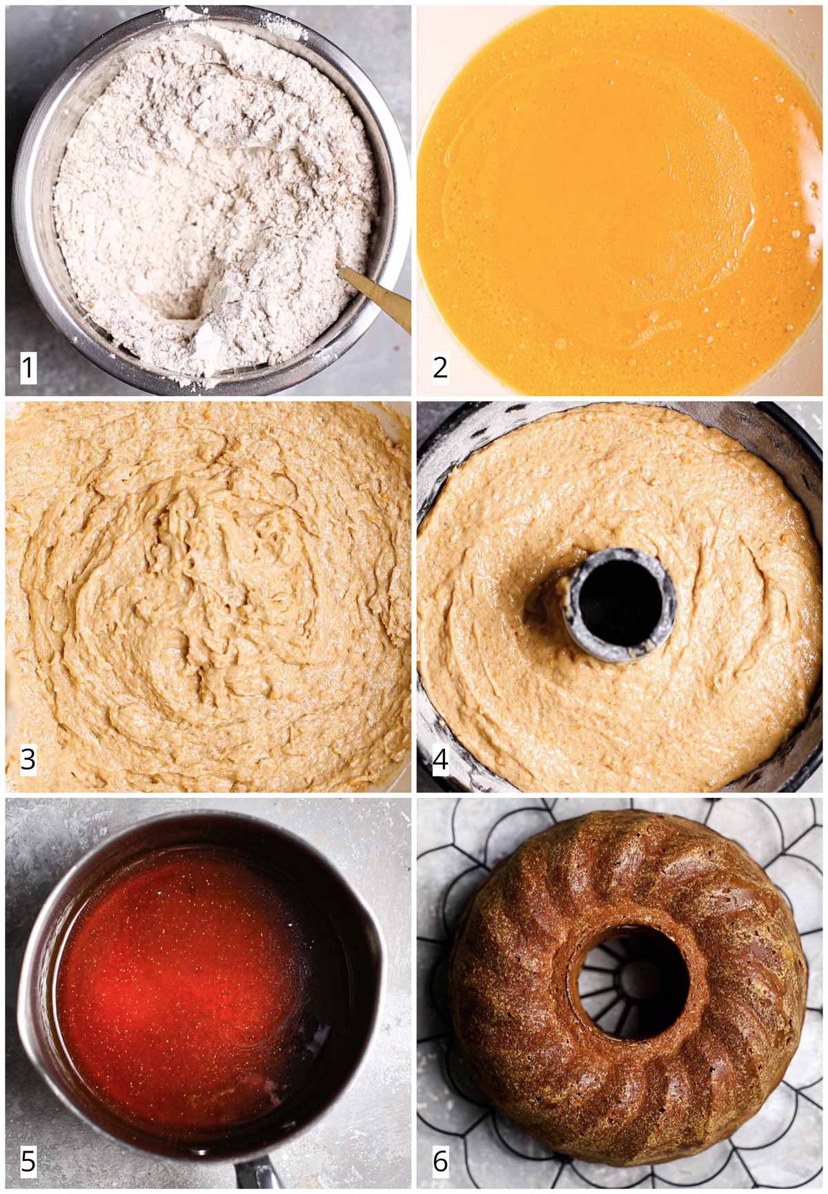 A collage of six images showing all the steps in making a vegan bundt cake.