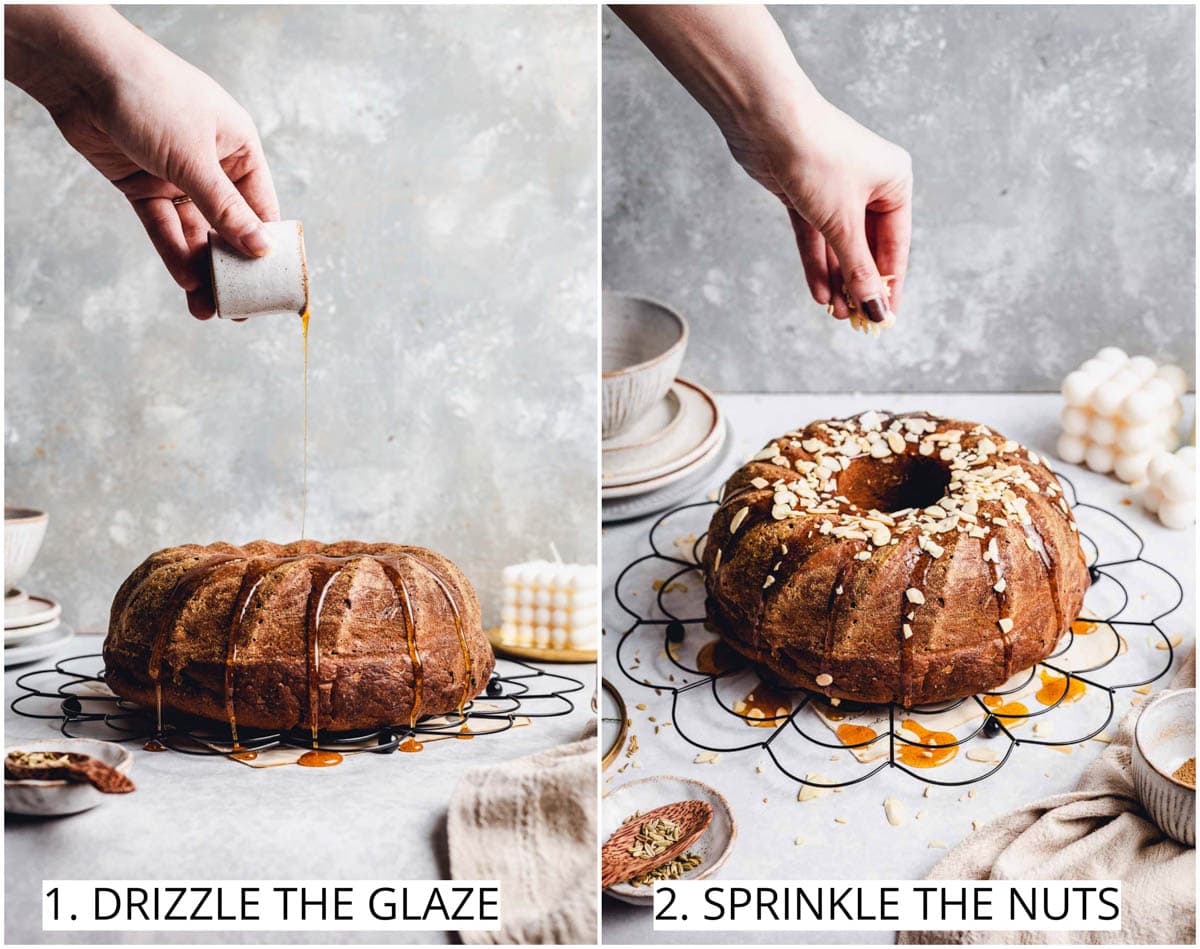 Two images showing how to decorate a bundt cake.
