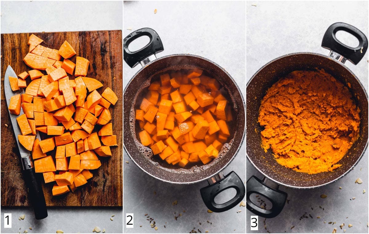 A collage of 3 images showing how ti make your own sweet potato puree.