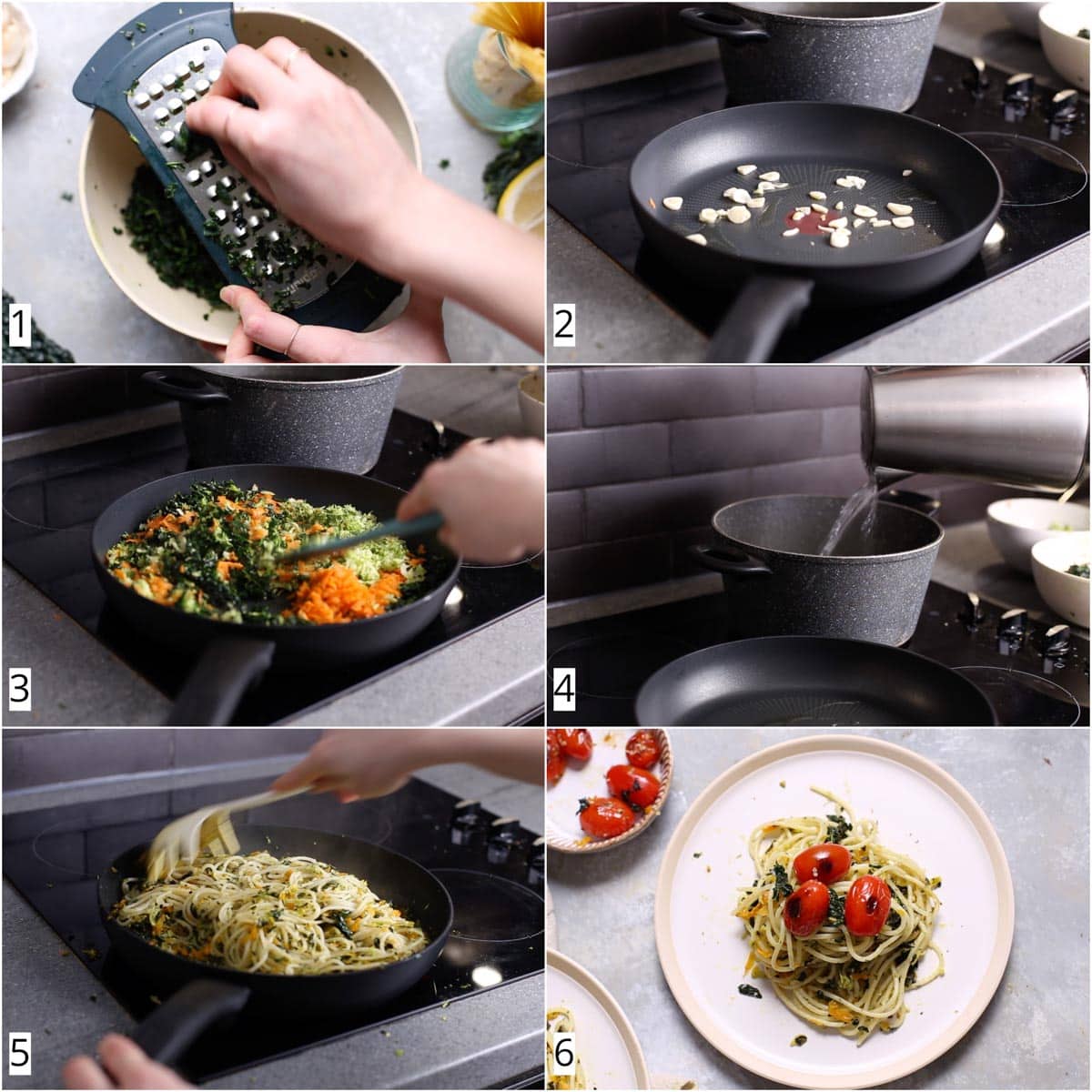 A collage image featuring six steps in making cavolo nero pasta.