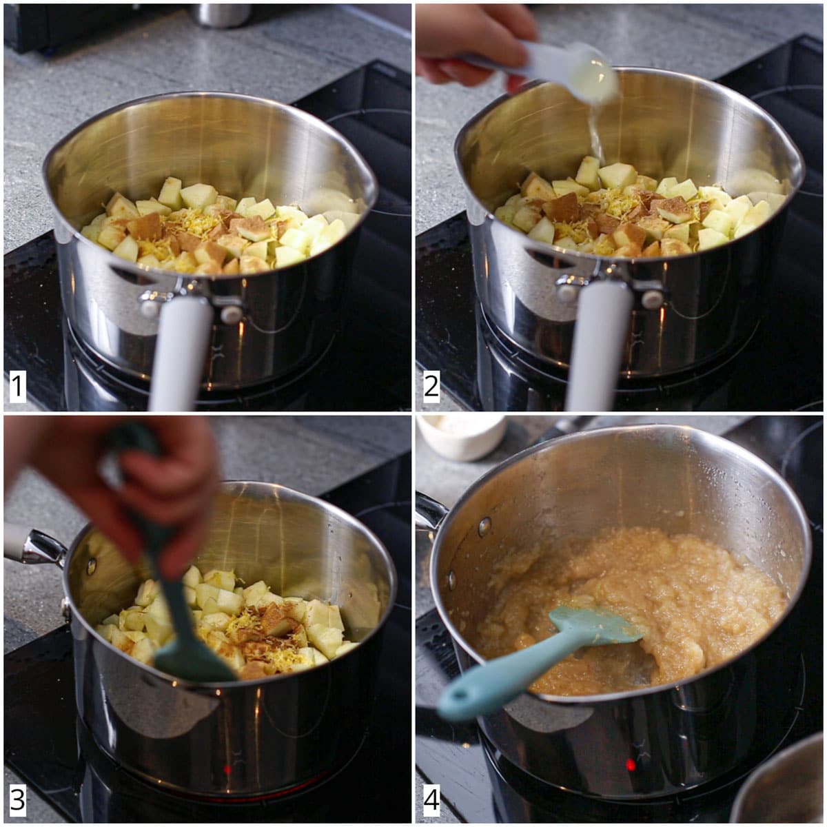 A collage of four images showing the first four steps in making curd