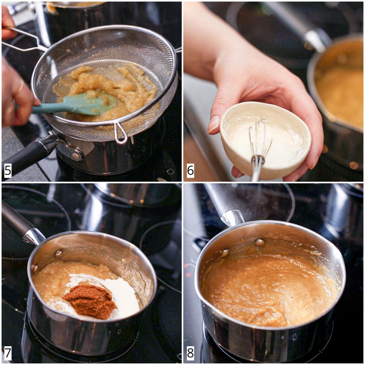 A collage of four images showing the last four steps of making curd