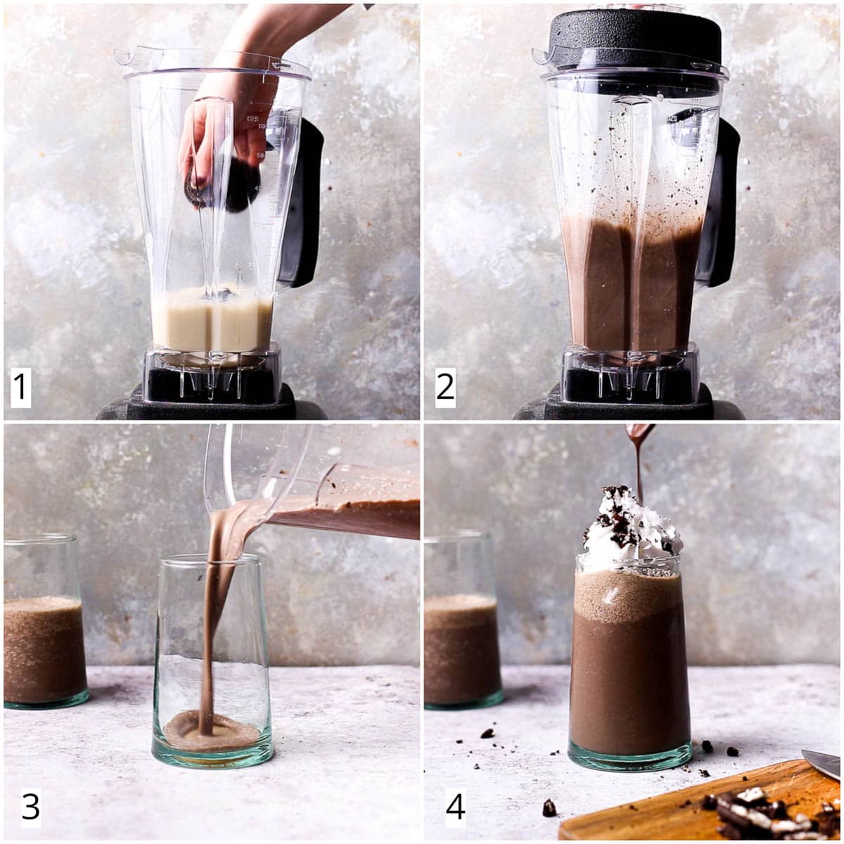 A collage of four images showing the process of making an Oreo frappuccino.