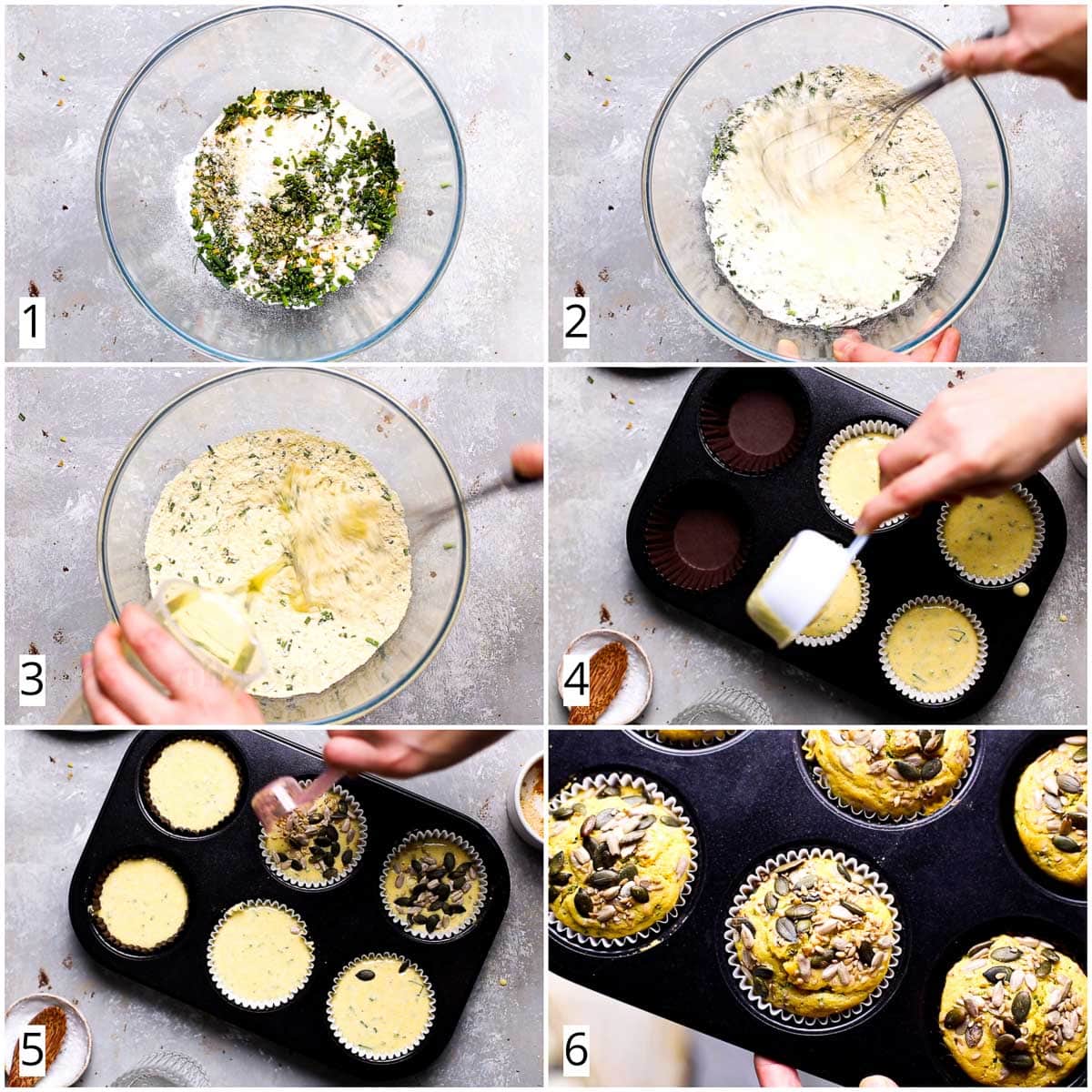 A collage of six images showing all the steps in making polenta muffins.