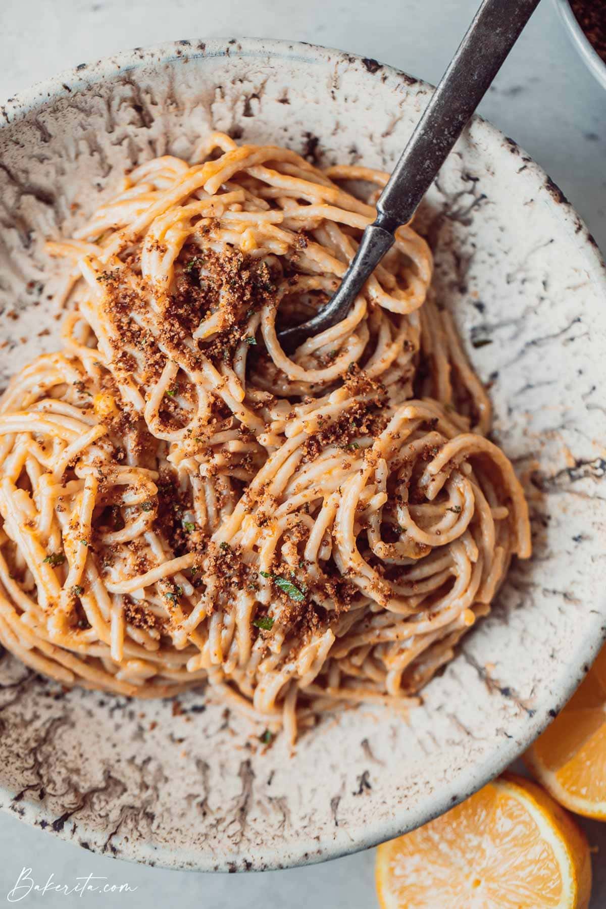 Lazy vegan lemon pasta in a bowl.