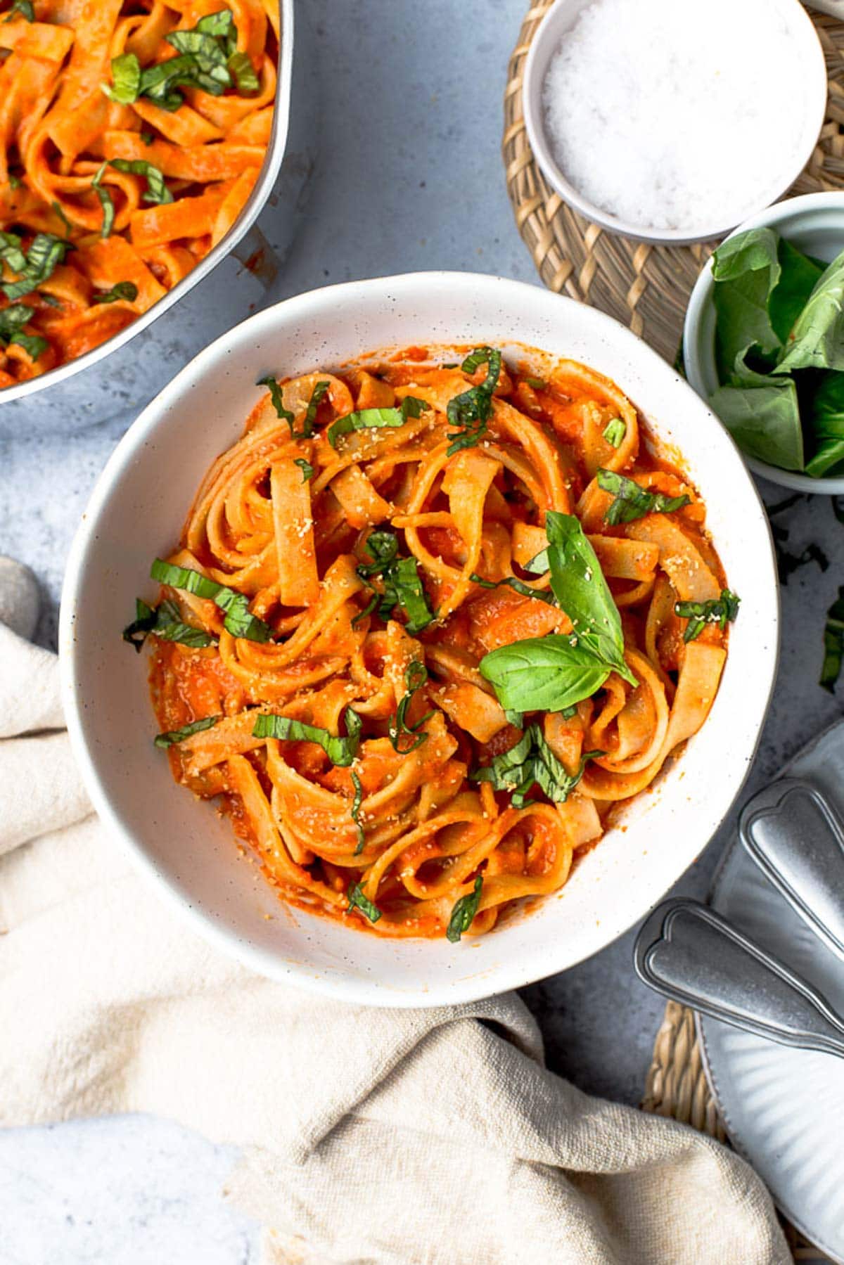 Vegan roasted red pepper pasta in a bowl.