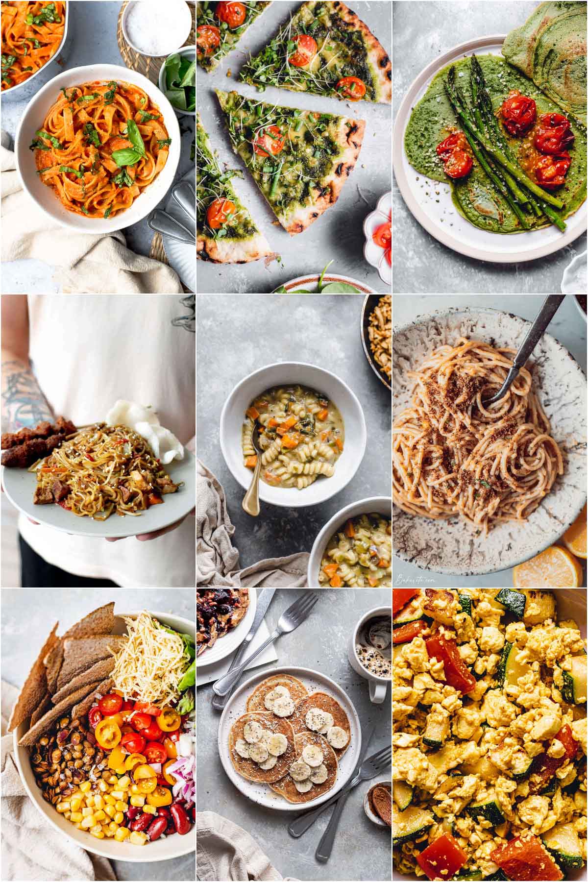 A collage of nine images showing various easy lazy vegan recipes. 