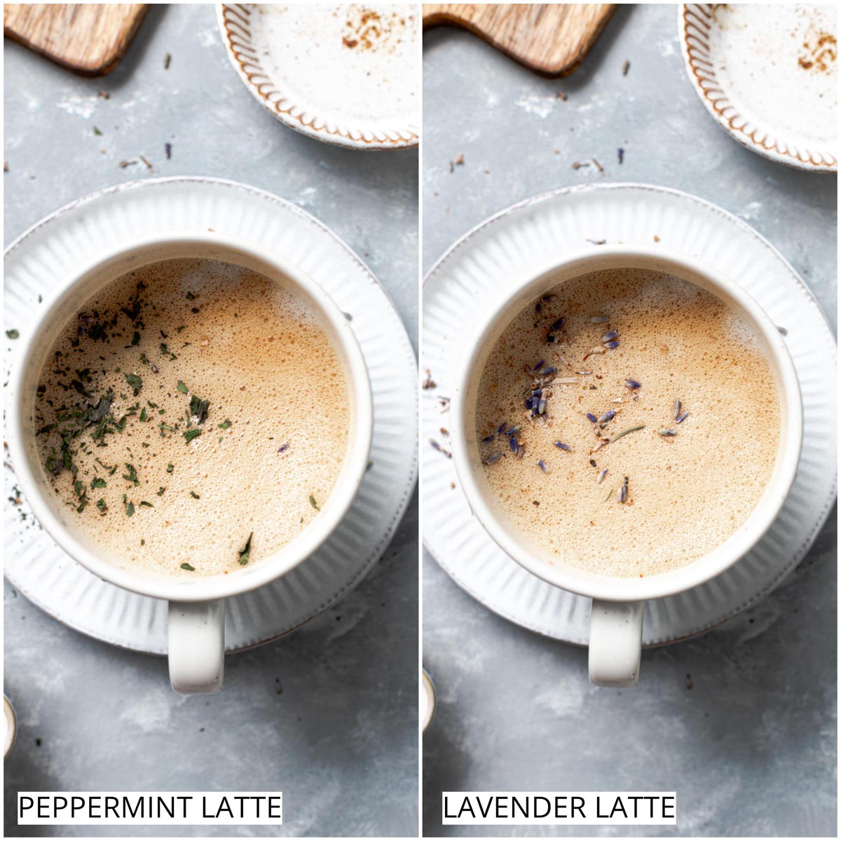 A collage of two images next to each other showing peppermint and lavender latte.