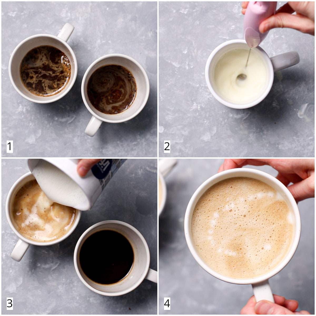 A collage of four images showing four steps in making oat milk latte at home.