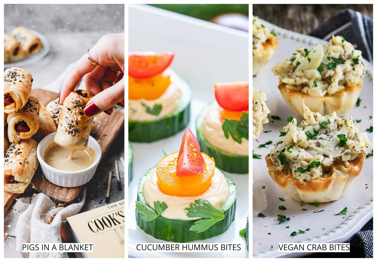 A collage of three images showing various bite-sized vegan appetizers.