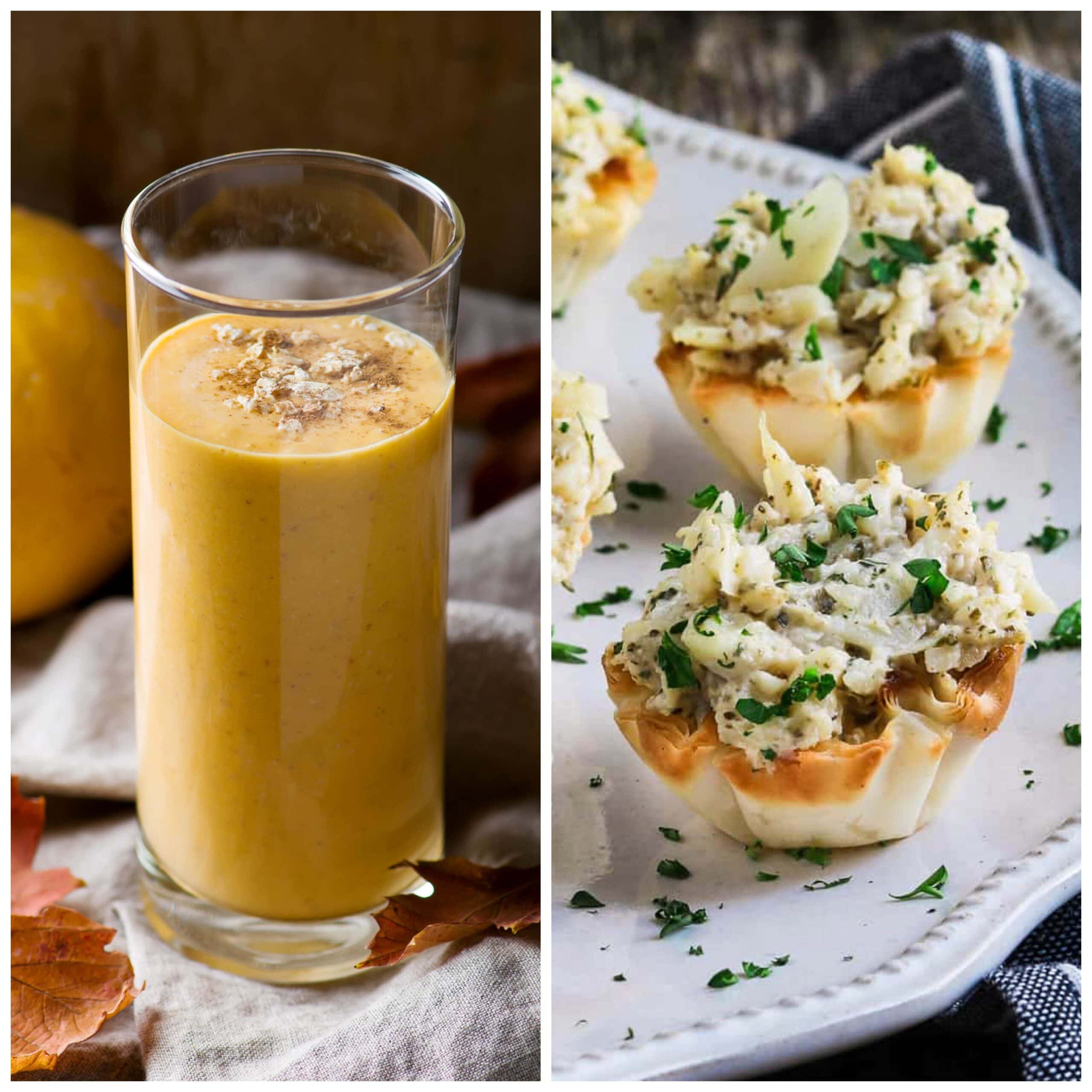 A collage of two images showing a yellow soup shooter and crab cakes.