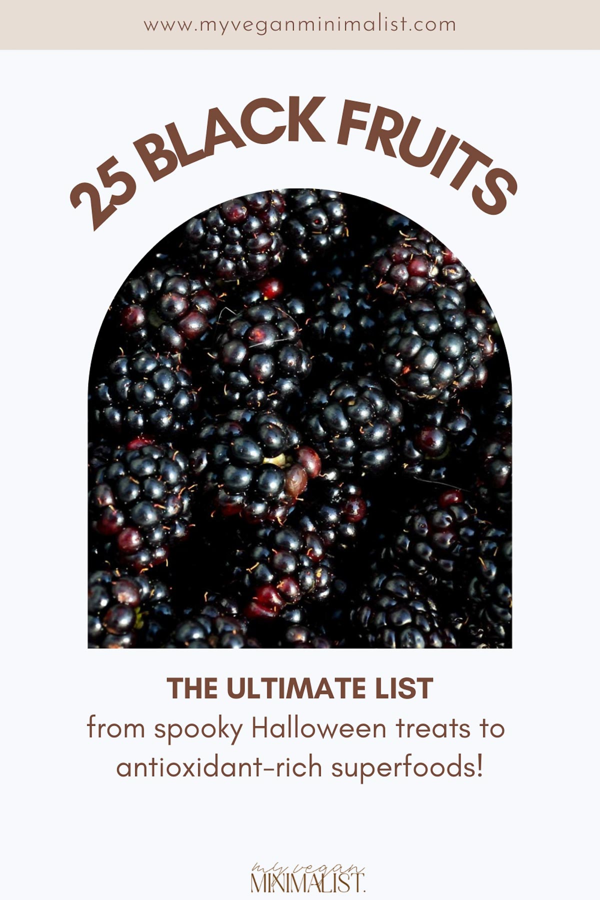 A graphic with a photo of blackberries in the middle and the text 25 Black Fruits around it.