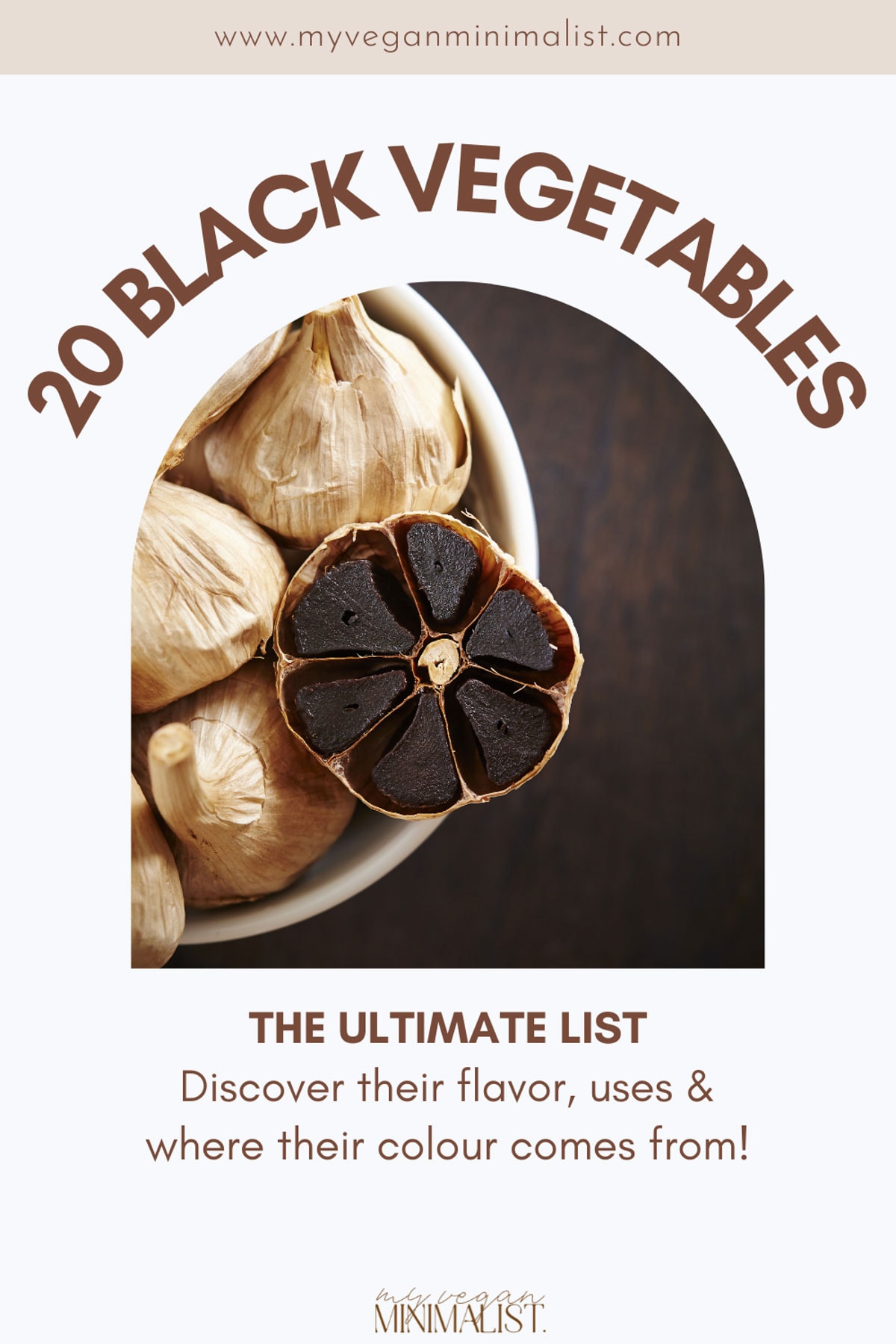 A graphic including a photo of black garlic in the middle and text around it.