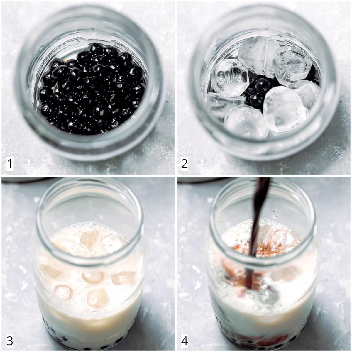 A collage of four images showing four steps to making boba tea.
