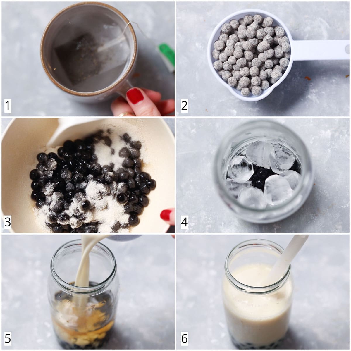 A collage of four images showing steps in making milk tea.