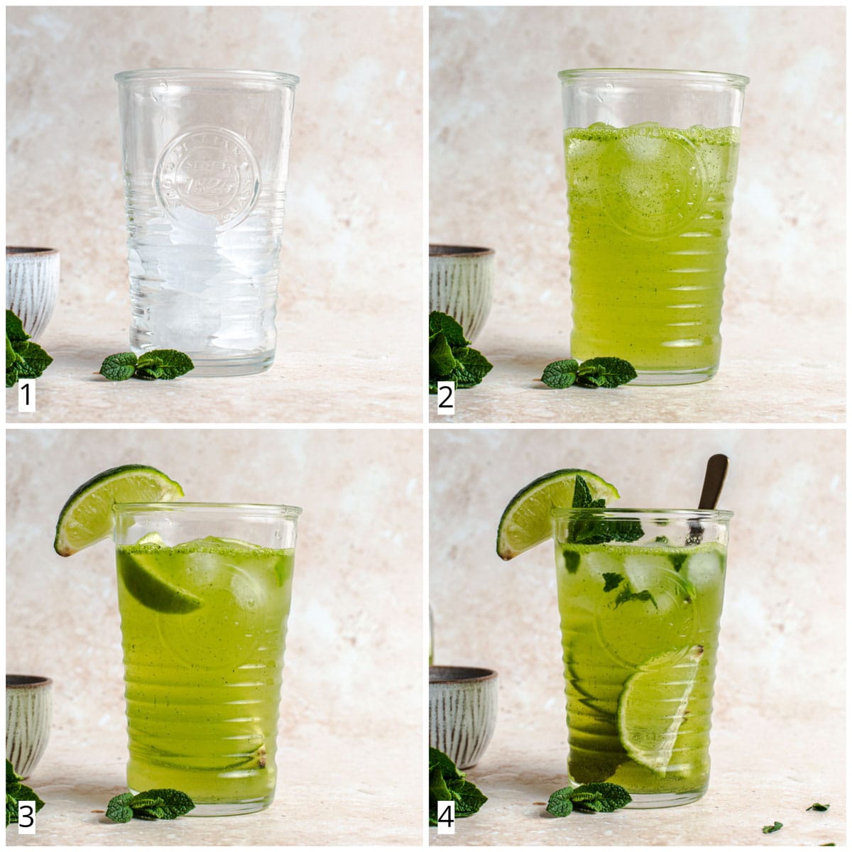 A collage of four images showing four steps in decorating a mojito cocktail.