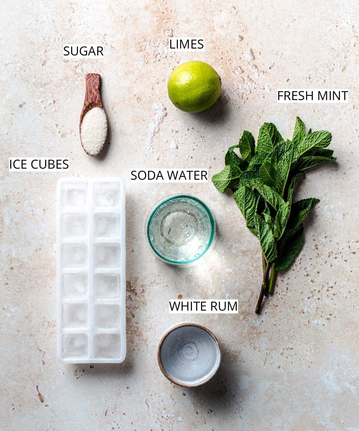 A flatlay showing all the ingredients needed to make a mojito.