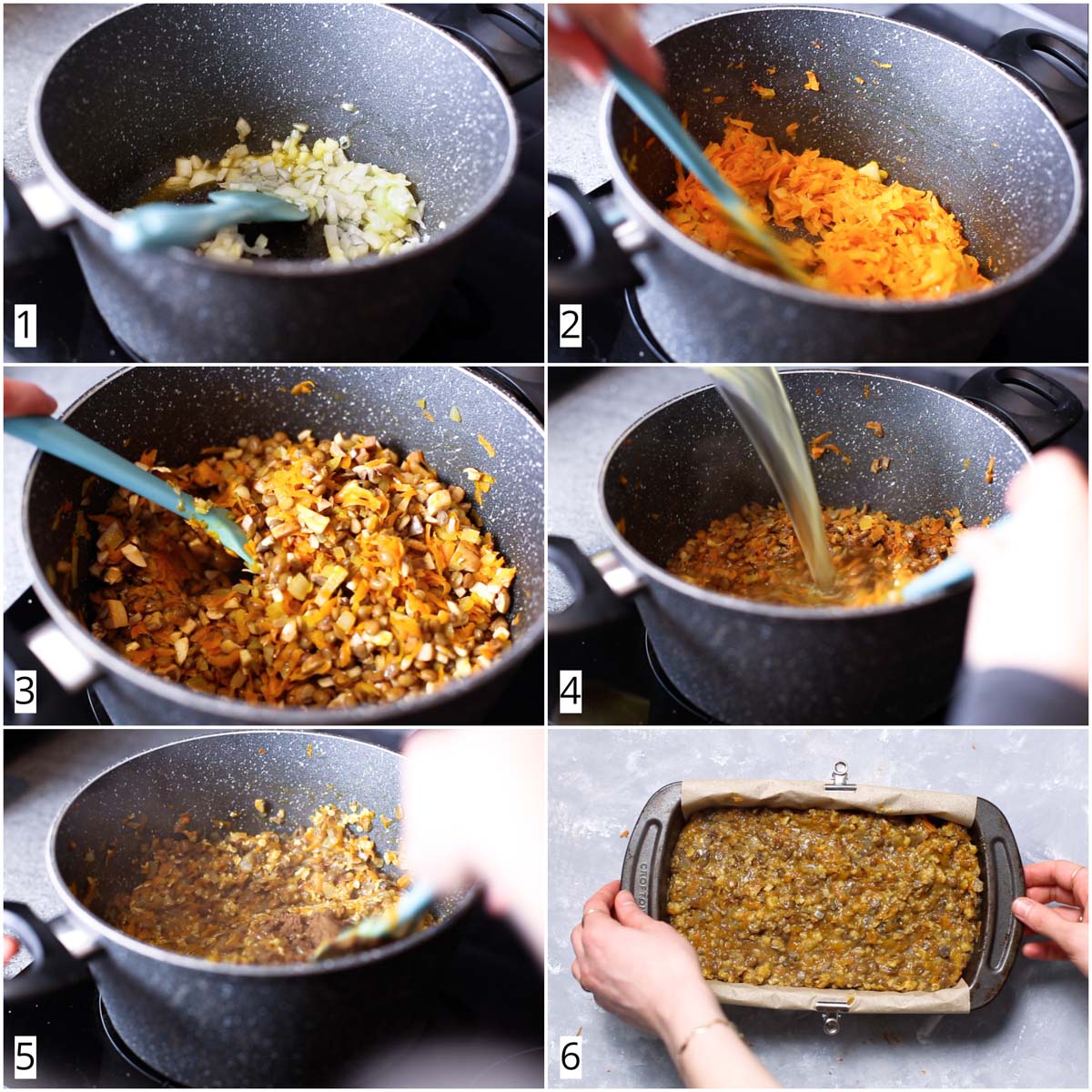 A collage of 6 images showing the 6 steps in making vegan haggis.