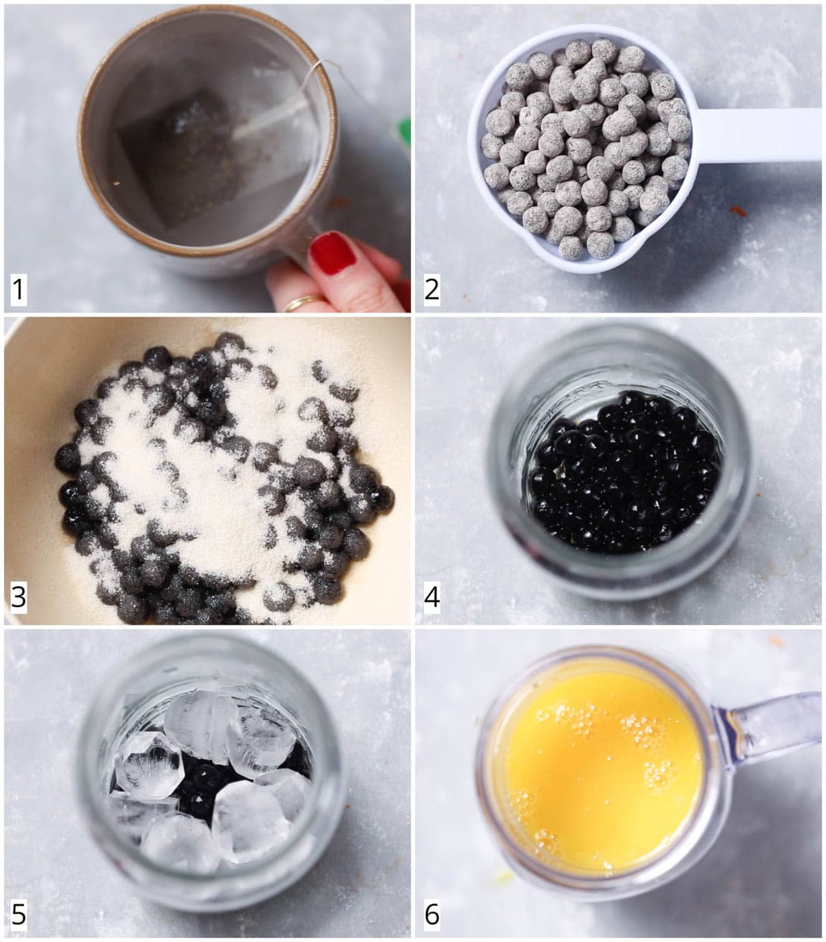 6 images showing how to make mango bubble milk tea.