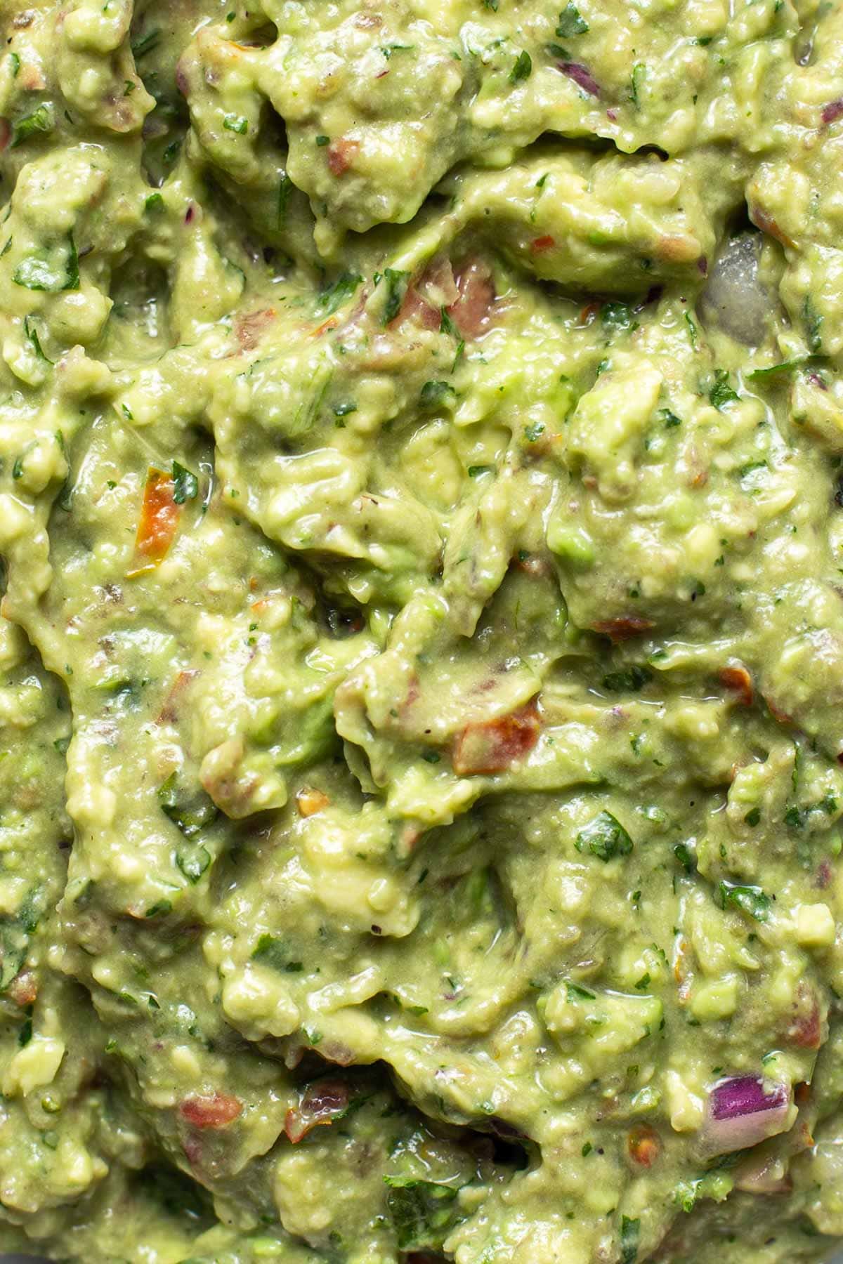 A close-up photo of freshly made Thermomix guacamole.