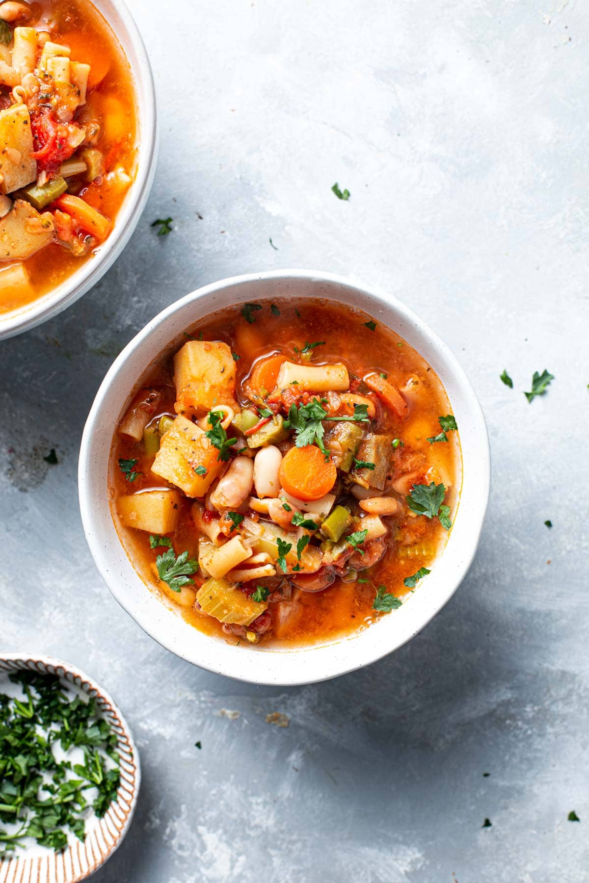 A bowl of minestrone topped off with parsley on a grey background.