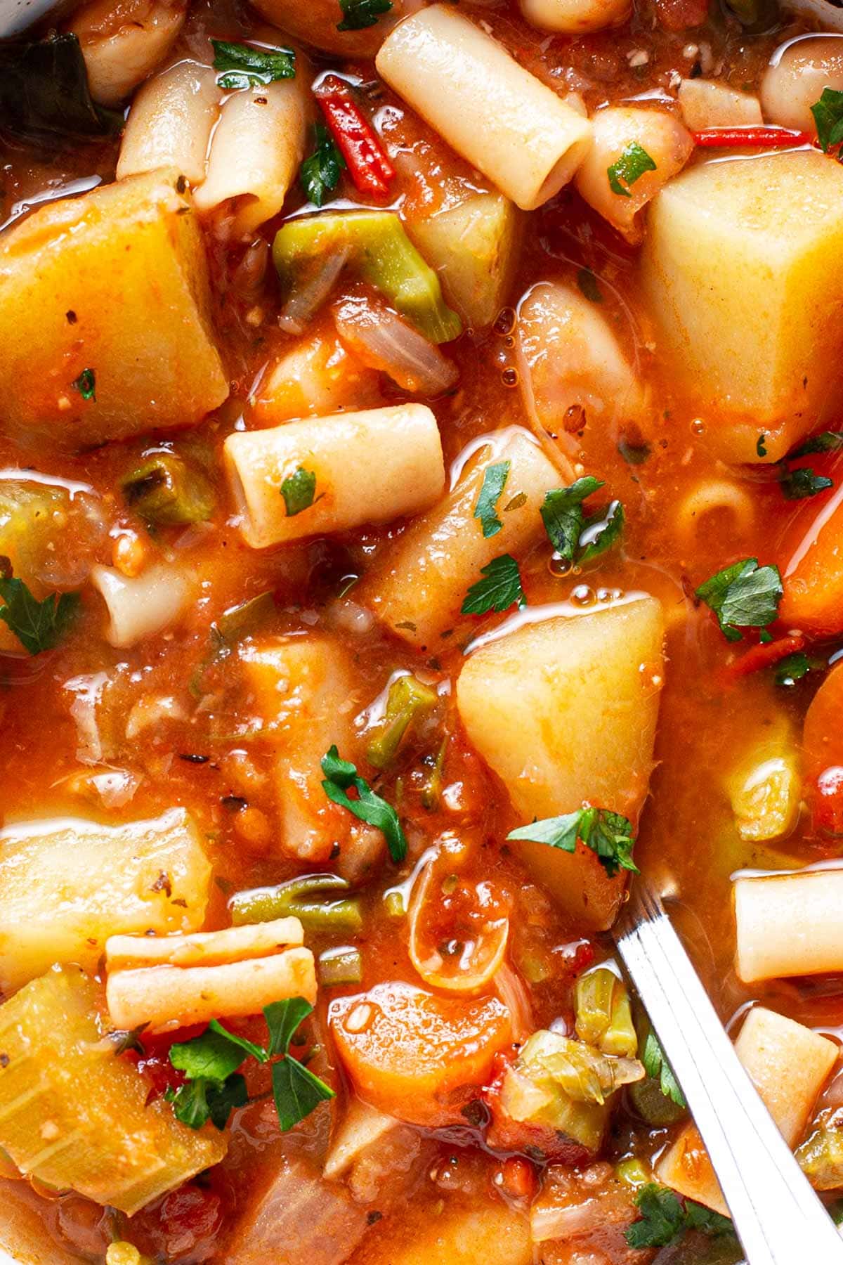 A close-up of a bowl of minestrone souup.