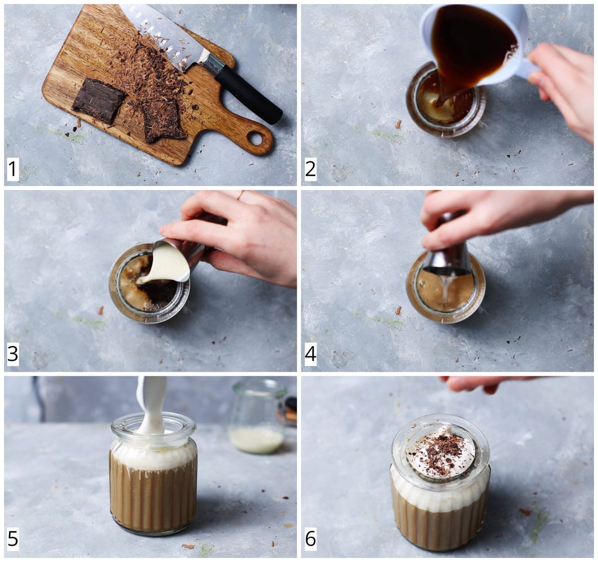 A collage of six images showing exactly how to make a coffee cocktail.