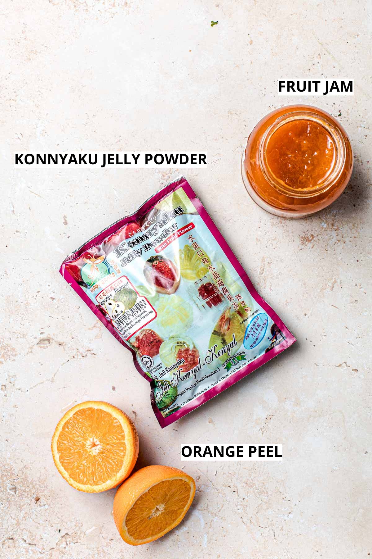 All the ingredients needed to make konnyaku jelly from scratch.