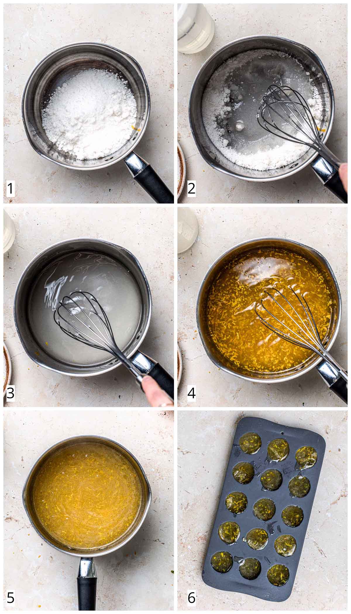 A collage of 6 images showing the steps of making orange konnyaku jelly.