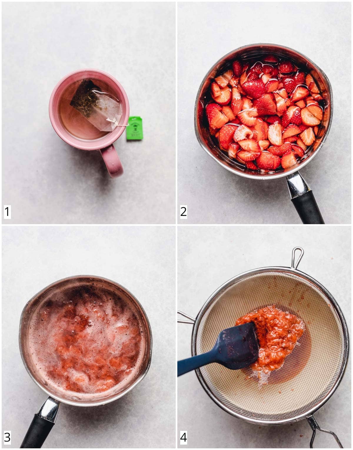 A collage of four images showing how to make bubble milk tea.