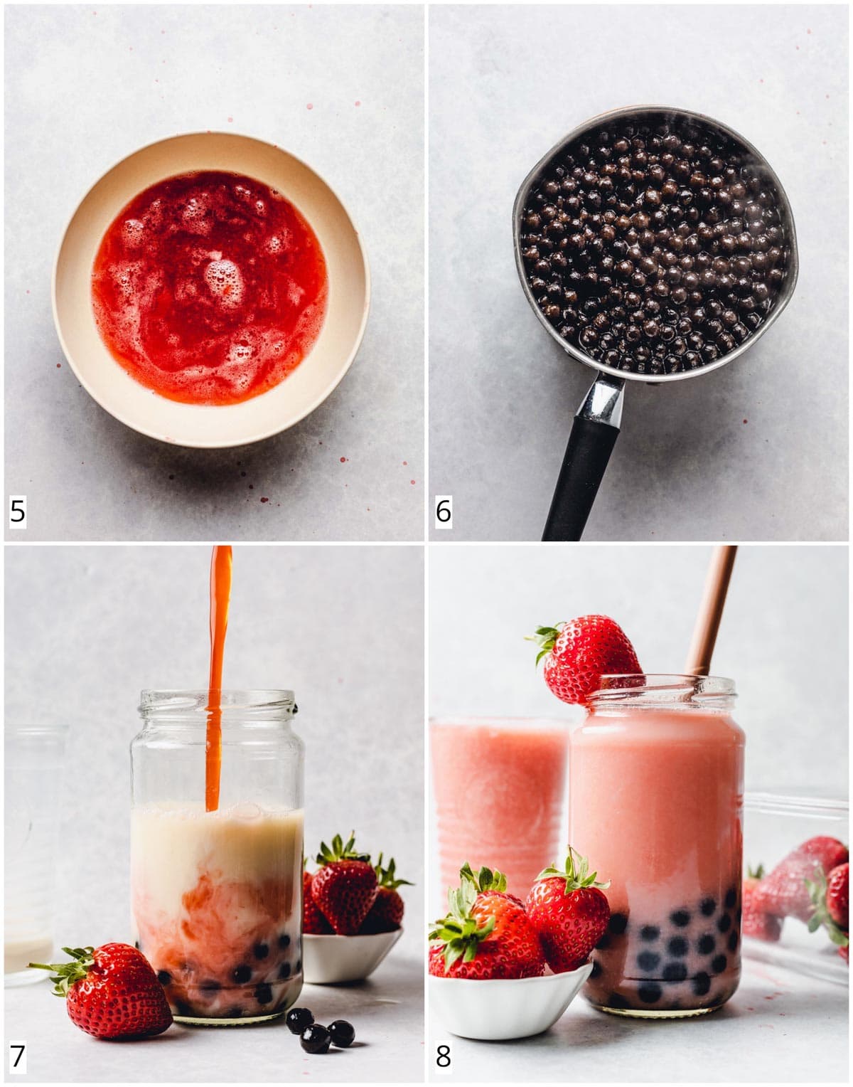 A collage of four images showing various steps in making strawberry bubble tea.