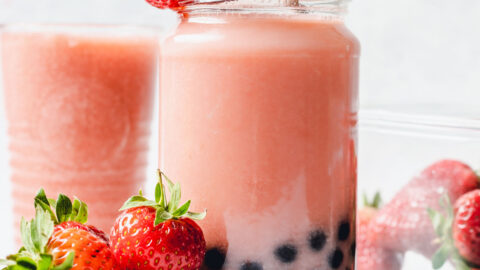 Pouring Glass Healthy Strawberry Boba Bubble Tea Fresh Fruit