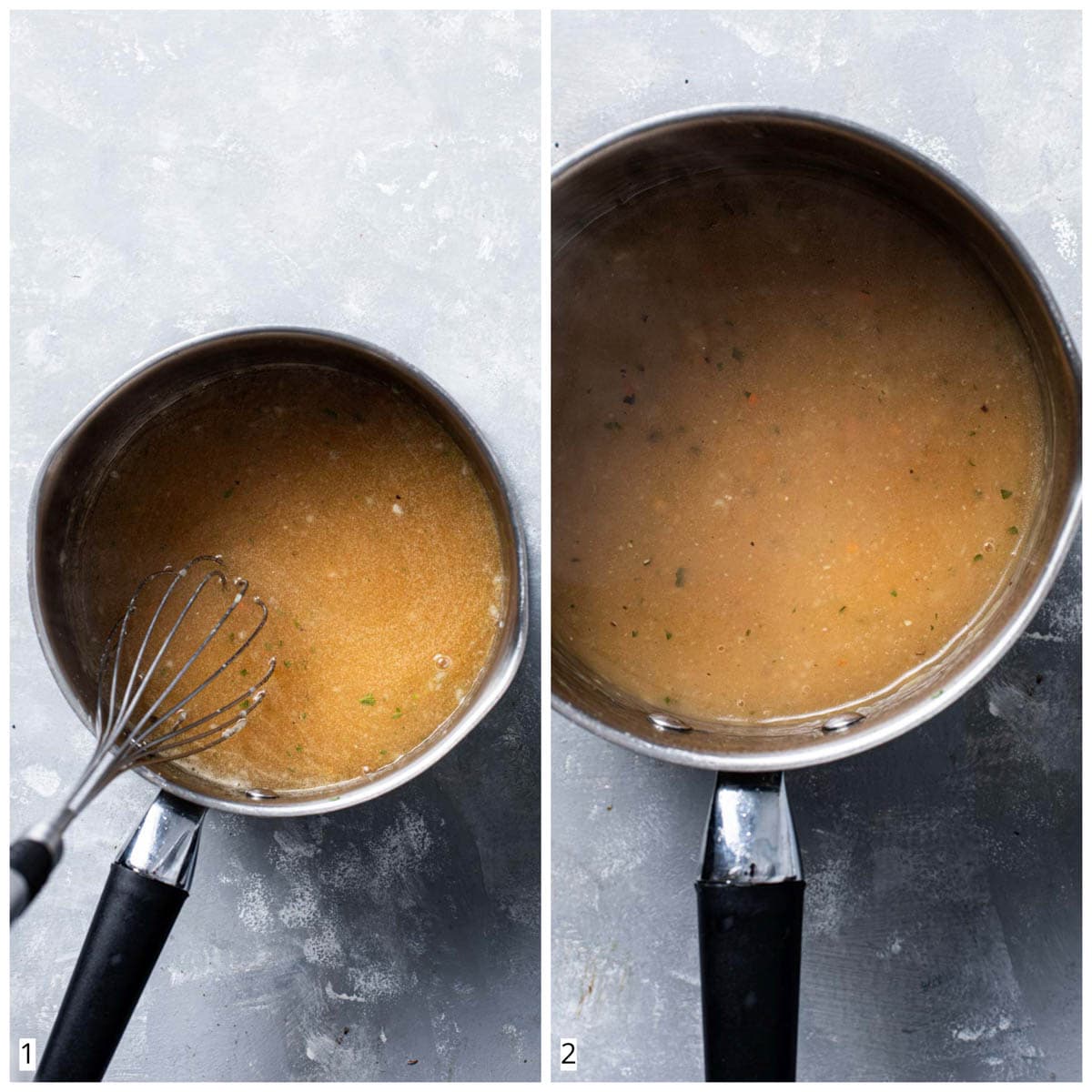 A collage of two images showing a saucepan filled with gravy during.