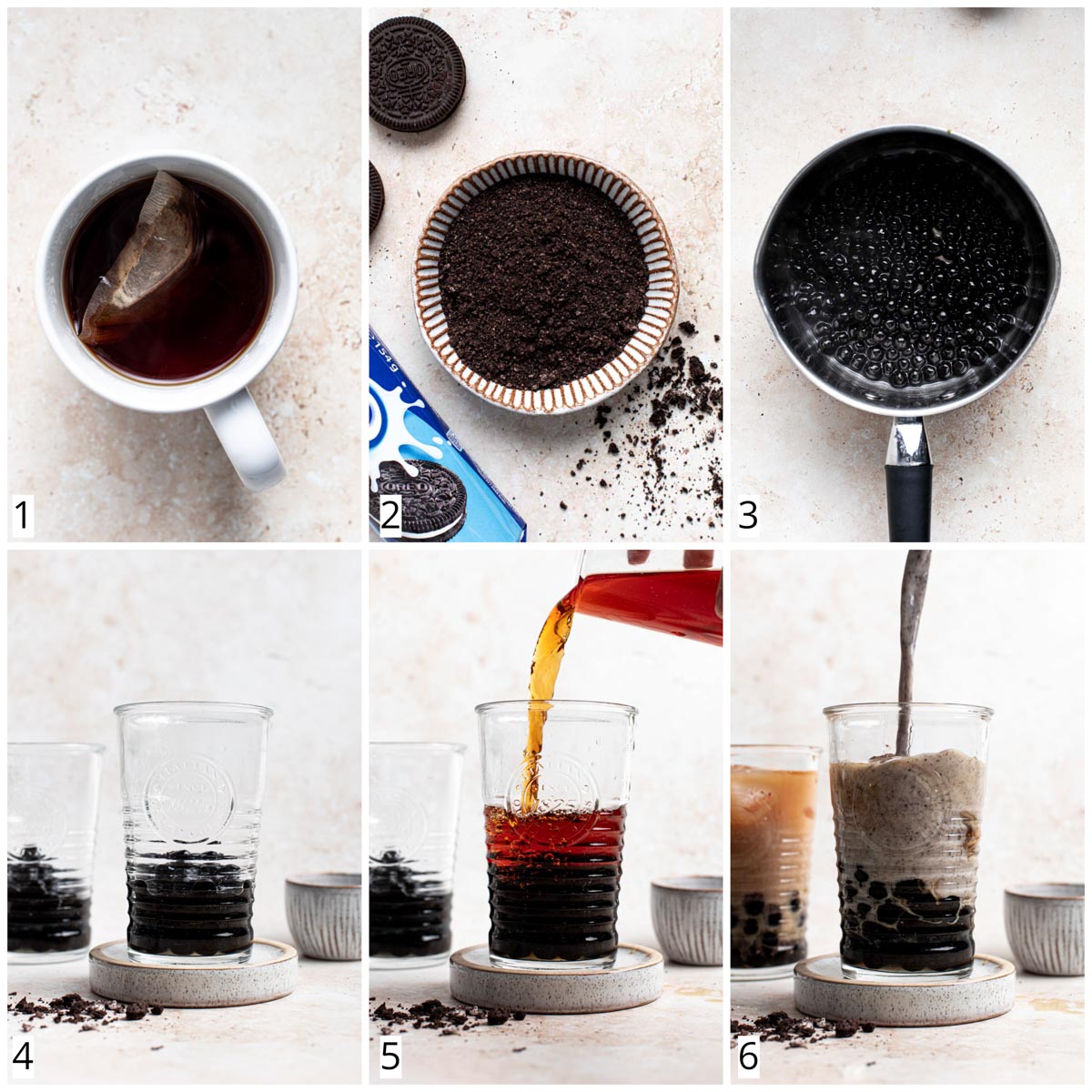 A collage of six images showing the different stages of making bubble milk tea with Oreo cookies.